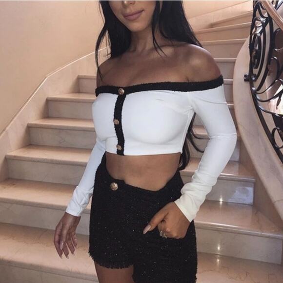 NWT AMBER X MESHKI Claudia Tweed Trim Bardot Off Shoulder Top Sz XS - Picture 11 of 15